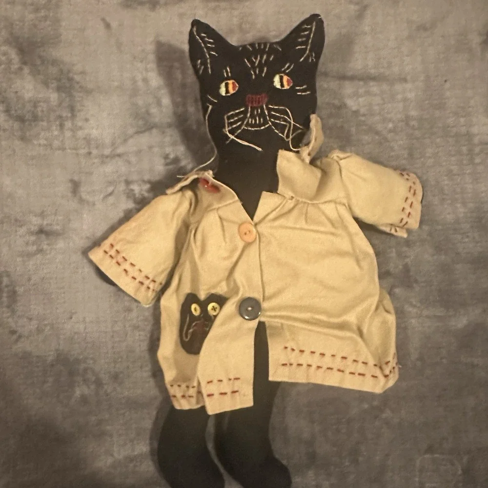 Pair of Y2K Folk Art Black Cat Cloth Dolls | Primitive Farmhouse Handmade Style